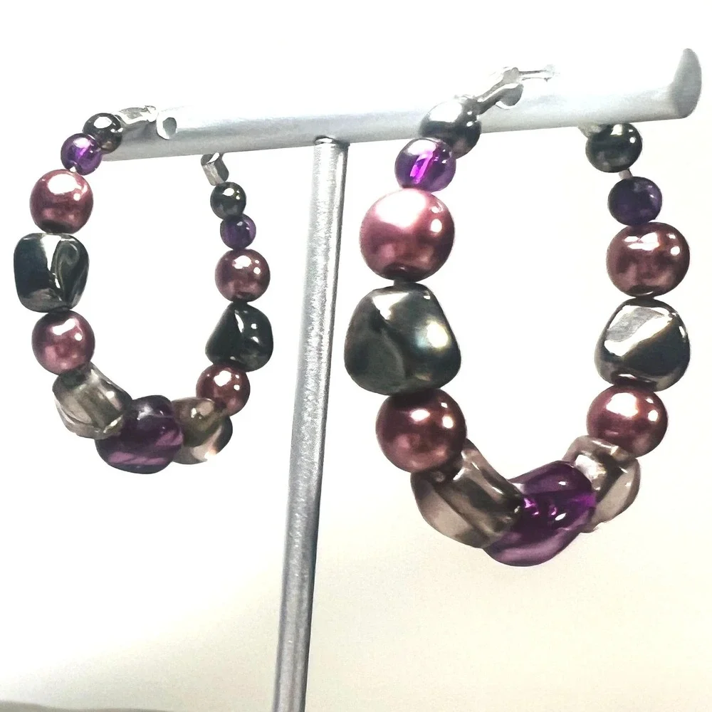 Artisan Beaded Hoop Earrings Latch Back‎ Pierced Multi Colored Silver Tone